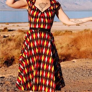 PINUP COUTURE Harlequin Gryffindor Swing Retro Dress Red Yellow Black Size 3X